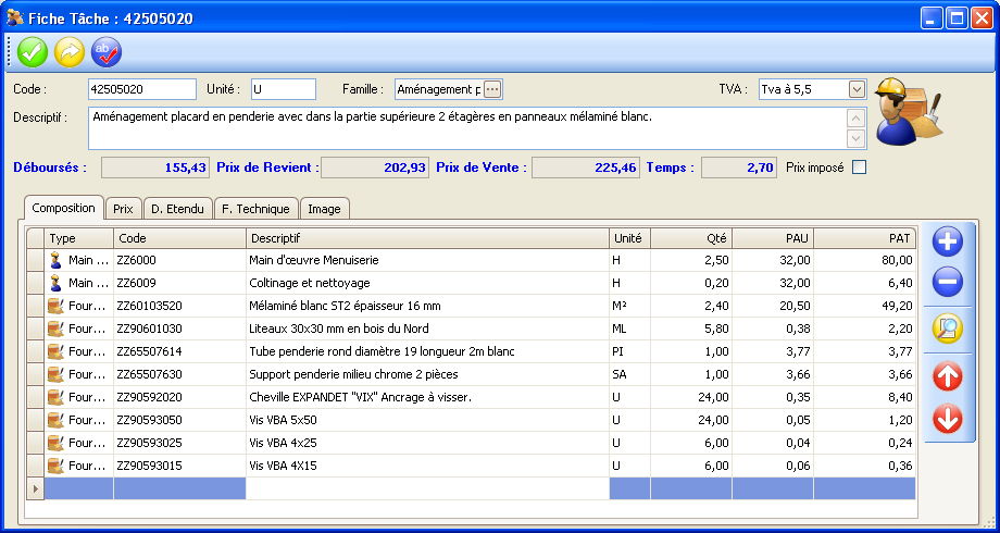 Exemple d'une fiche tâche dans Batifree